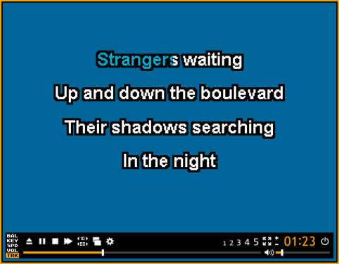 A typical karaoke track as it would appear in Karaoke Builder Player, or on a karaoke CD+G machine.