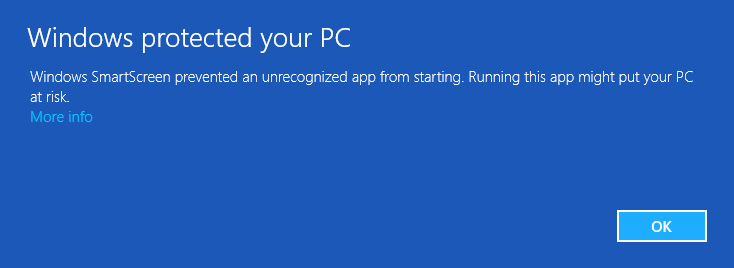 Windows protected your PC - Windows SmartScreen prevented and unrecognized app from starting. Running this app might put your PC at risk. More info