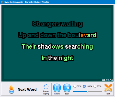 Each word or syllable is coloured differently and the next word is highlighted so you know exactly where you are in the track. Dark words have already been synchronised. All it takes is a tap on the Space Bar, in time with the music.