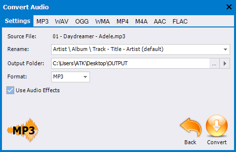 Select the tracks you want to convert, then choose a folder and format for your new files. <B>Audio Effects</B> are optional - you can simply convert your files without adding effects if you prefer.